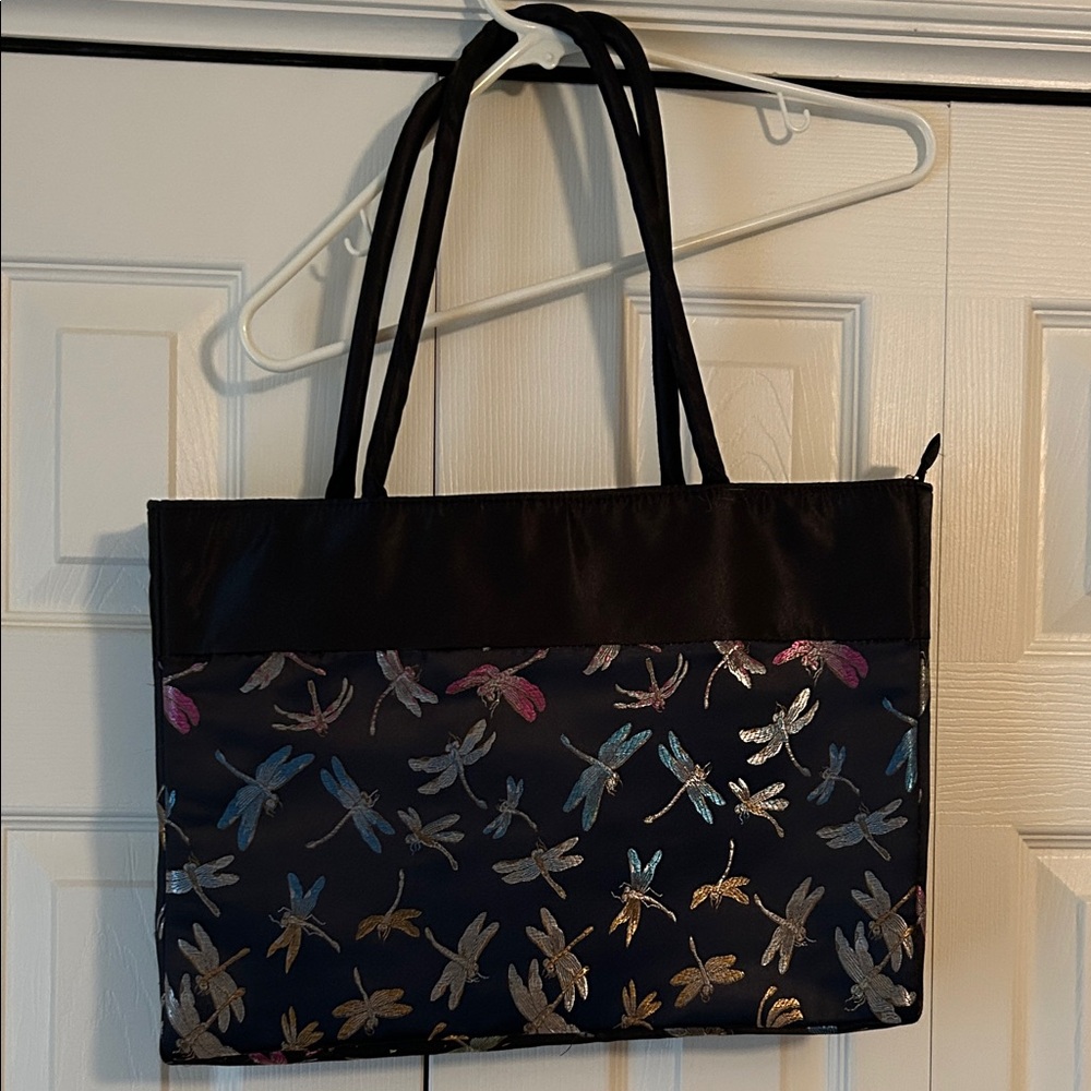 Black and Multicolored Padded Dragonfly Tote Satin
